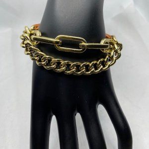 Orange Leather Gold Chain Bracelet Cuff